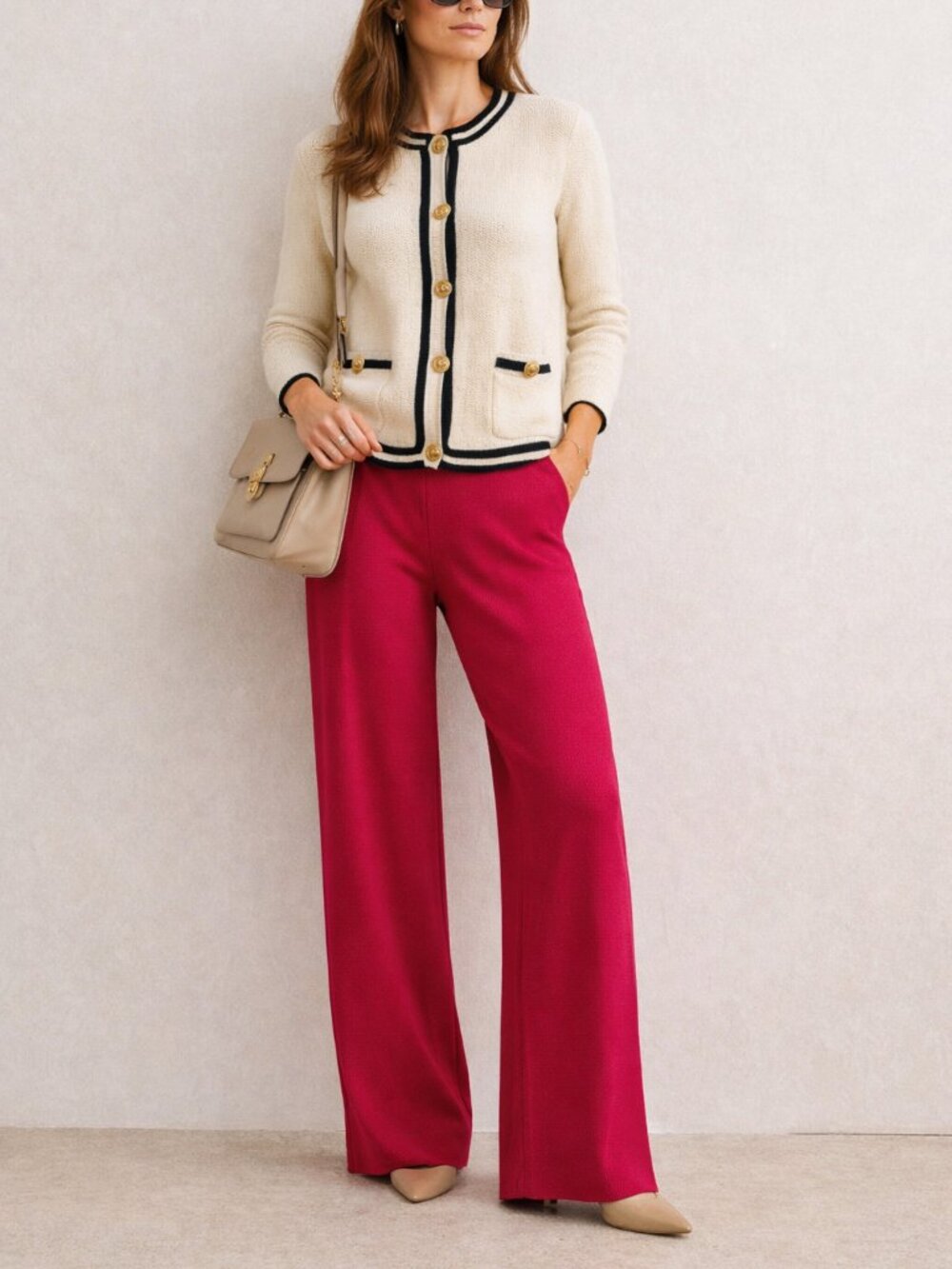 St John Collection Santana Knit Pants Raspberry Straight/Wide Leg Pull On Size 4
